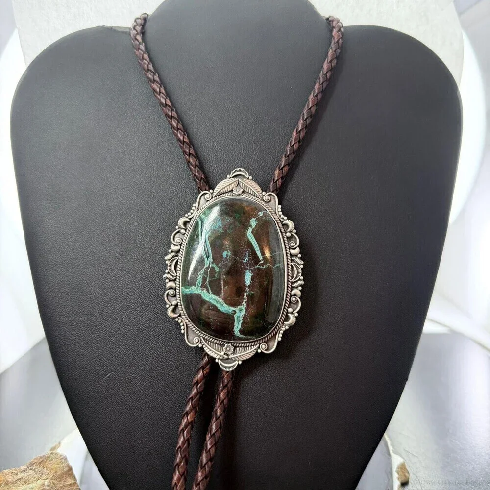 Sterling Southwestern Style Oval Large Chrysocolla  Bolo Tie For Men